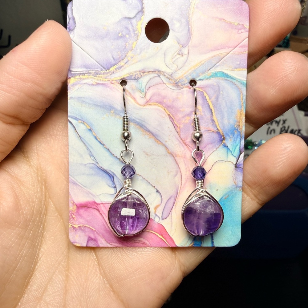 Amethyst Wire-Wrapped Earrings with Purple CZ Accents – Tarnish Resistant - Picture 2 of 3